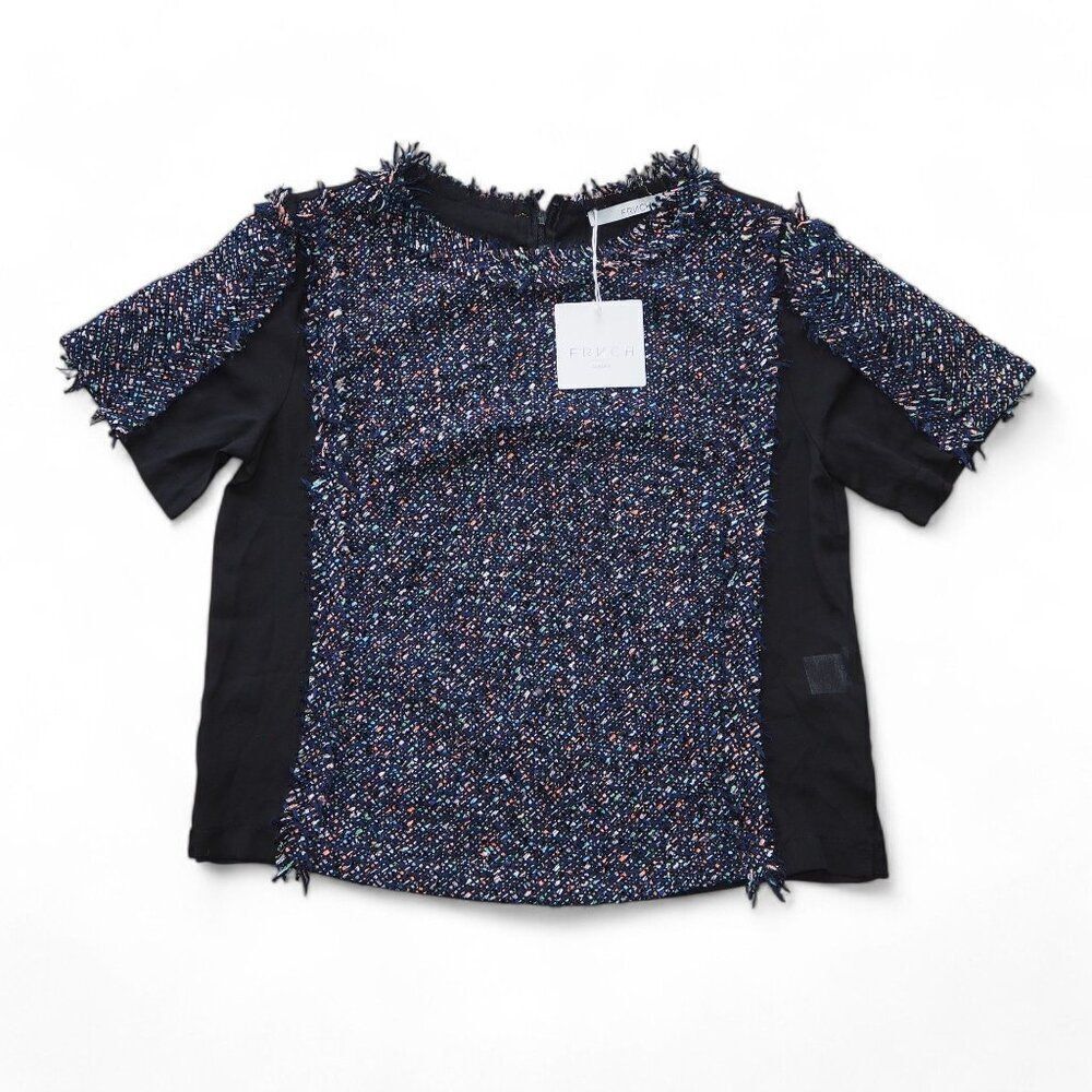 FRNCH by Lucy Paris Frayed Tweed Blue / Black Short Sleeve Blouse Top Women's L